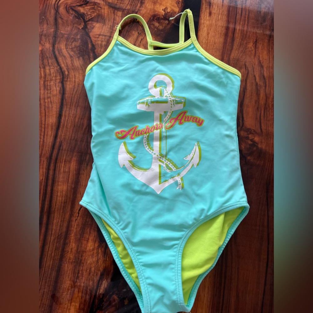 Girls Anchors Away One Piece swim Suit in size 4/5 green teal neon